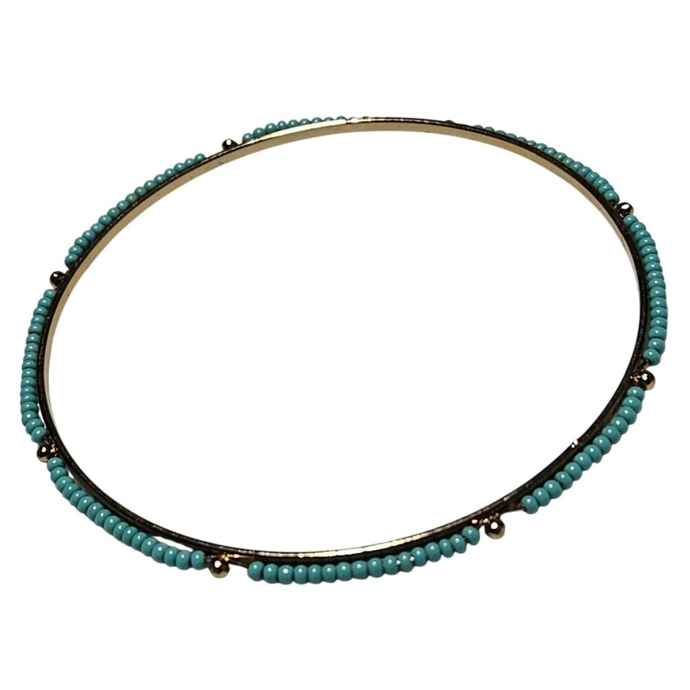 Retro Blue Beaded Bangle Bracelet Gold Tone Minimalist Fashion Jewelry Women